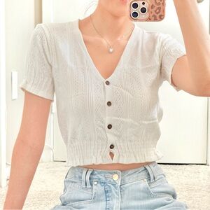 #022 | White V-Neck Pointelle Knit Crop Top | Ruffle Trim | XS/S